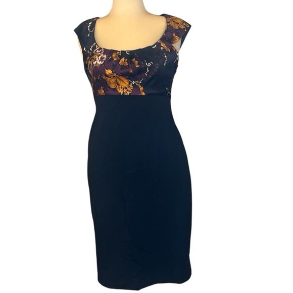 Elie Tahari Silk/Elastane Floral Black/Maroon/Gold Scoop Neck Sheath Dress-12 - Picture 1 of 11